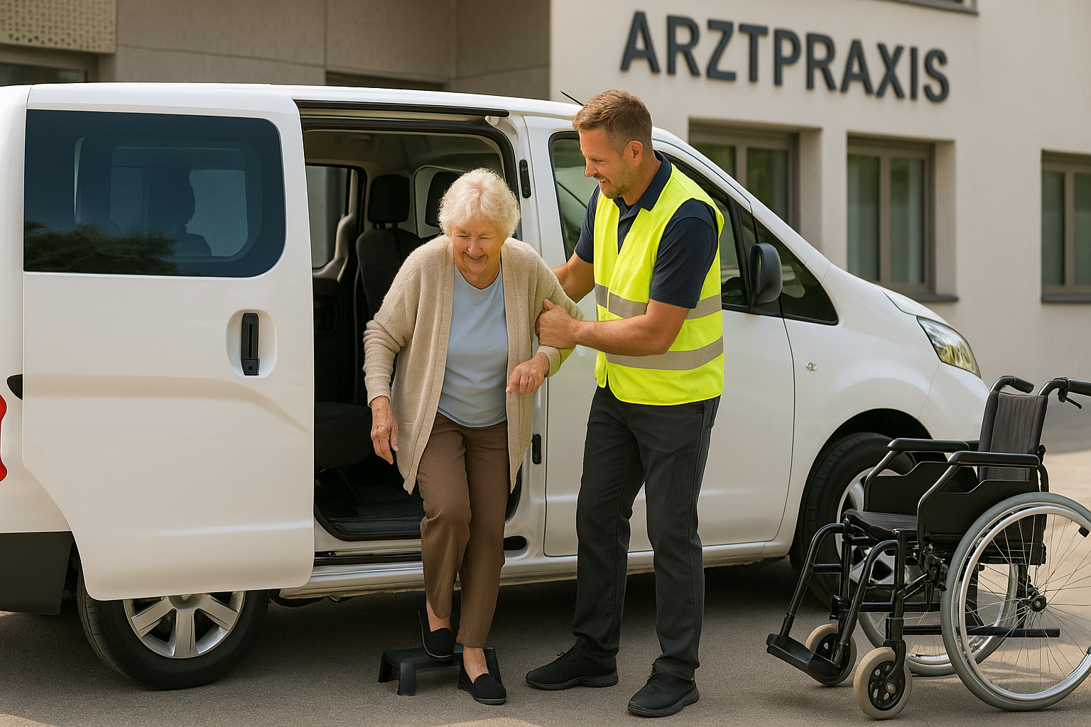 Fahrer unterstützt eine Seniorin beim Aussteigen aus einem Krankenfahrten-Van vor einer Arztpraxis
